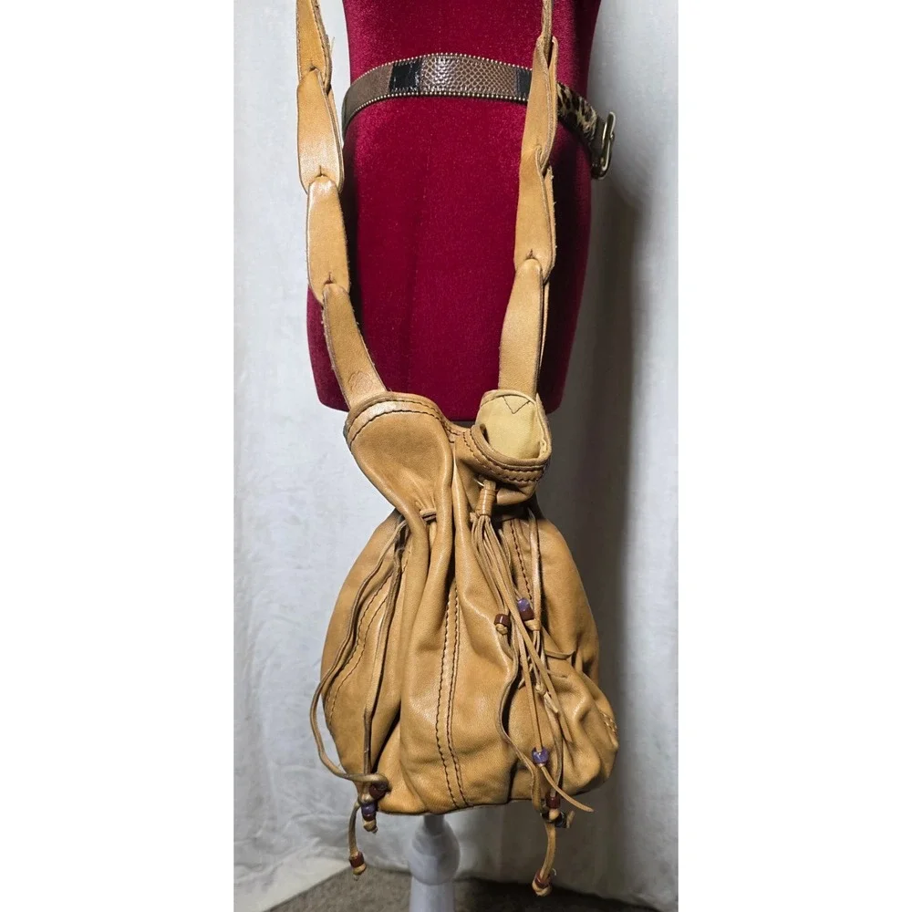 Lucky Brand Y2K Brown Lamb Leather Bucket Bag Boho Drawstring Crossbody Purse